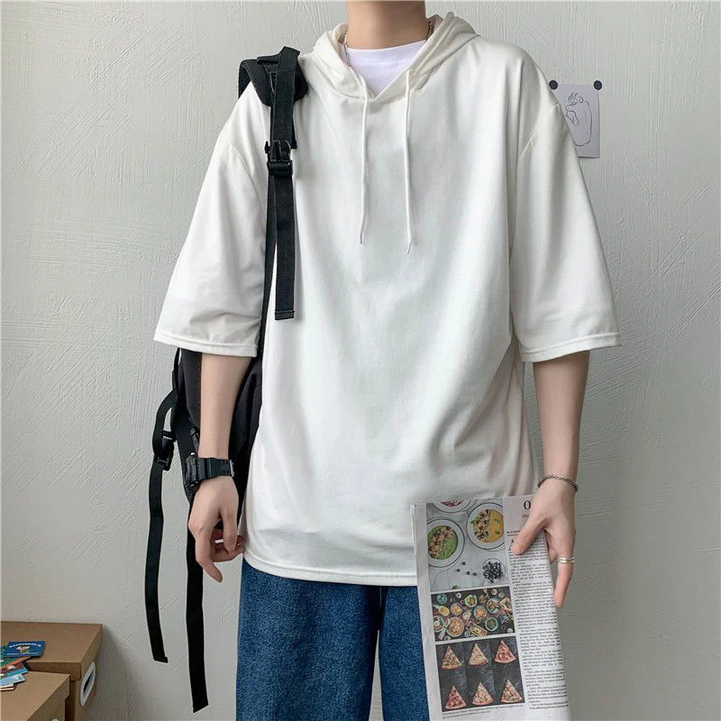 Summer Men Hooded Short Sleeve T Shirt All-match Korean Fashion Casual Teenager Oversized Punk Pullover Top Tee Black White Gray
