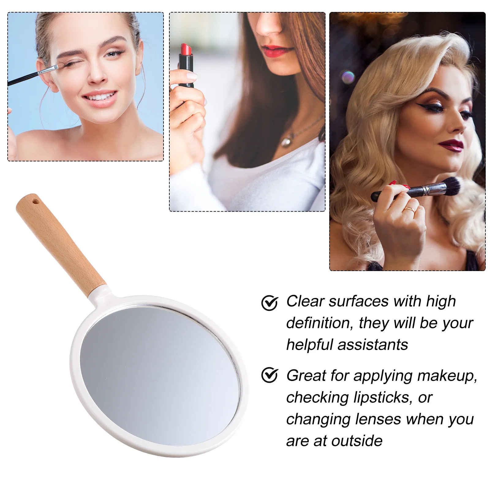 Wood Handle Handheld Makeup Mirror Barber Mirror Salon Portable Clear Surface for Precise Beauty