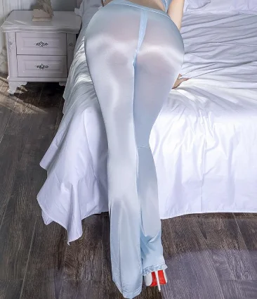 Queen Game Night Club See-tough Couple Seduction Ultra-thin High Elastic Zipper Flared Pants Outdoor Exposure Abalone Glitter