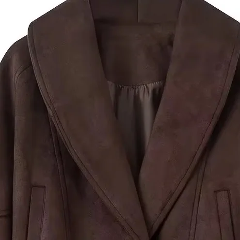 HH المرأة الخريف الصلبة التلبيب مربوط مع جيوب طويلة الأكمام سترة الإناث العصرية الجلد المدبوغ الملمس شارع العليا السببية معاطف