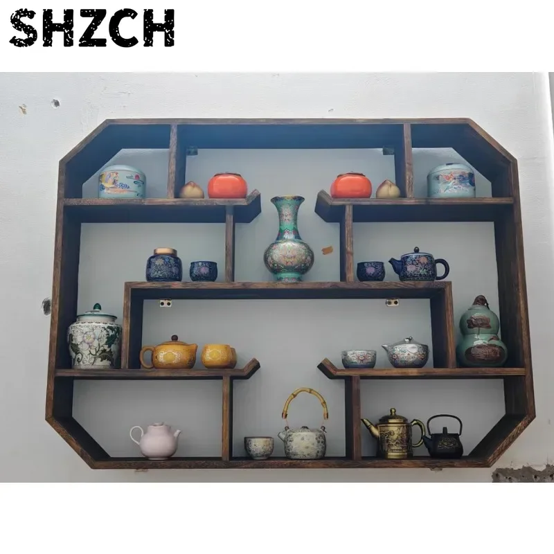 Chinese Style Wooden Wall Display Shelf Curio Cabinet Multi-Layer Storage Rack for Tea Set Home Decor Classical Organizer