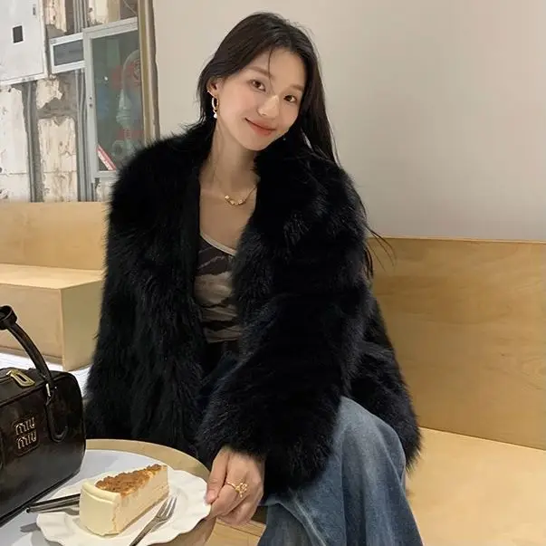 Elegant Faux Fur Jacket Coat New Fashion Casual Imitation Fox Fur Coat Winter Thick Warm Casual Office Lady Cropped Outwear