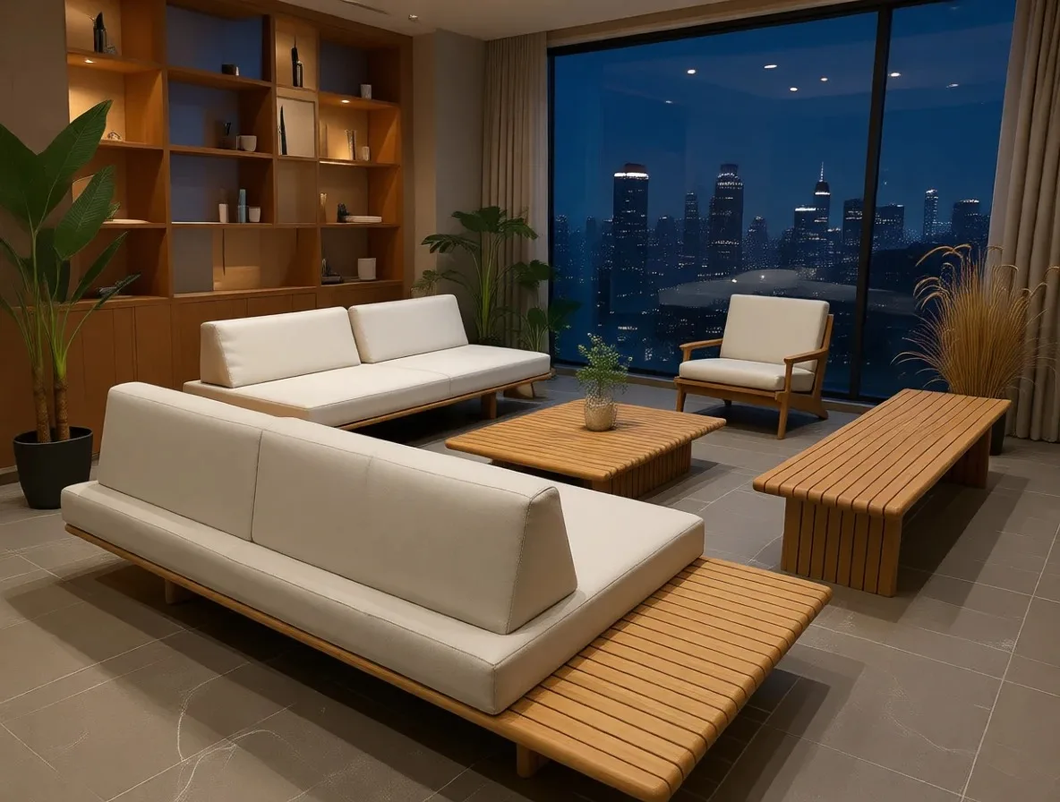 

Современный комплект садовой мебели из тикового дерева: удобные диваны с тканевой обивкой для улицы, сада, отеля, виллы, парка