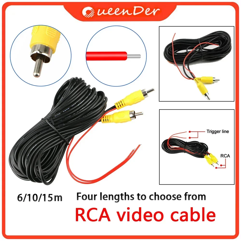 QueenDer Automotive RCA video cable, universal 6/10/15/20 m wire for connection to reverse camera car multimedia display