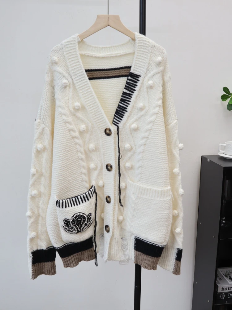 Suéter de punto blanco para mujer, Tops con costuras, moda urbana, cuello en V, manga larga, holgado, vaquero, bolsillo, cárdigan de retazos, prendas de punto Y2K