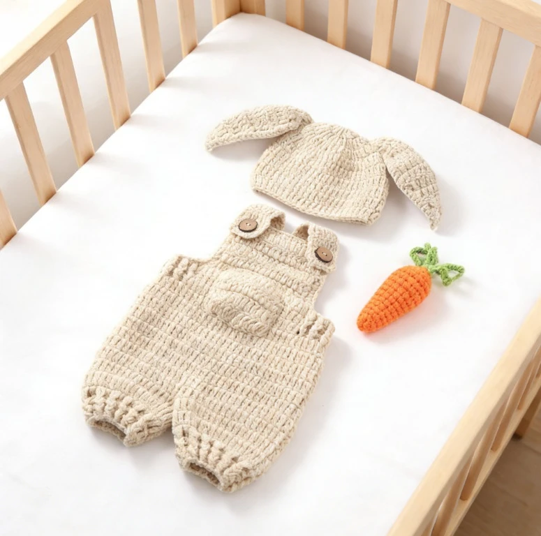 

Cute Newborn Crochet Outfit Radish Rabbit Three Piece Set Knitted Suspender Pants Baby Photo Props New Style