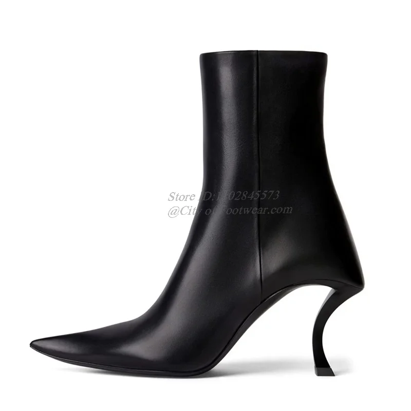 2024 New in Black Leather Ankle Boots Strange Style Sexy Pointy Toe High Heels Zipper Booties Luxury Designer Women\'s Shoes