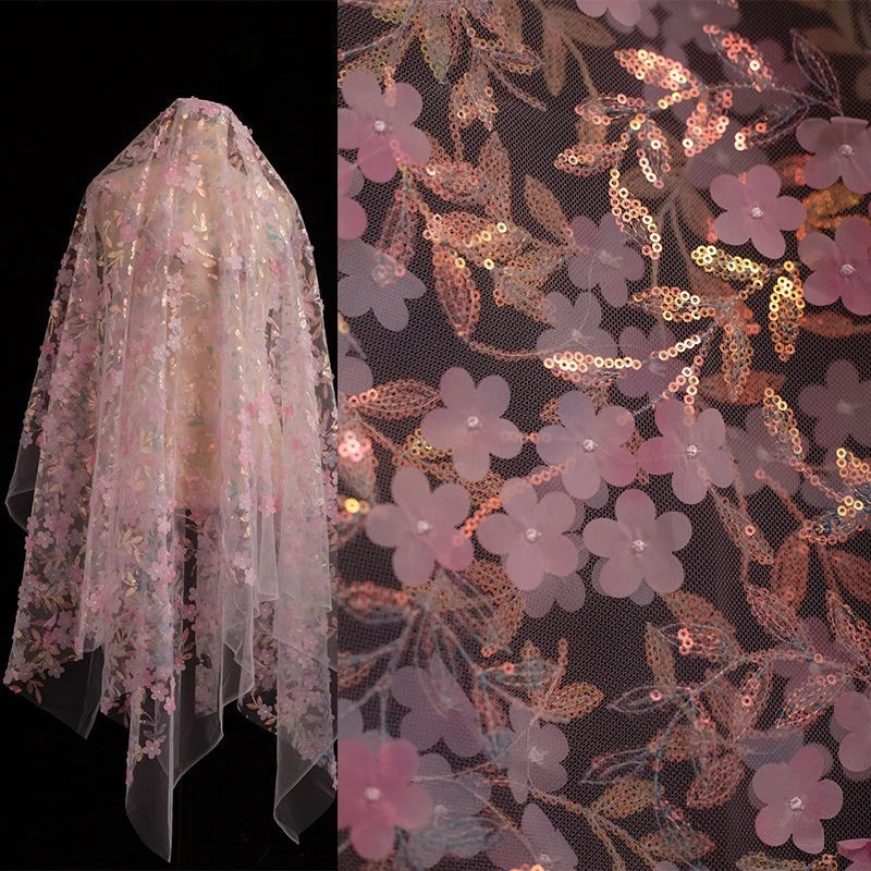 작은 꽃 스팽글 부드러운 메쉬 거즈 원단 바느질 드레스 이브닝 드레스 아동복 마이크로 탄성 DIY 원단