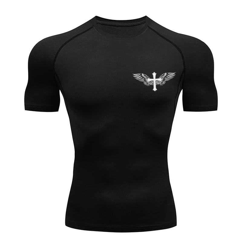 Cross Wings Print Compression Shirt for Men Christian Athletic Tshirt Sporty Tees Tops Gym Workout Running Baselayers Undershirt