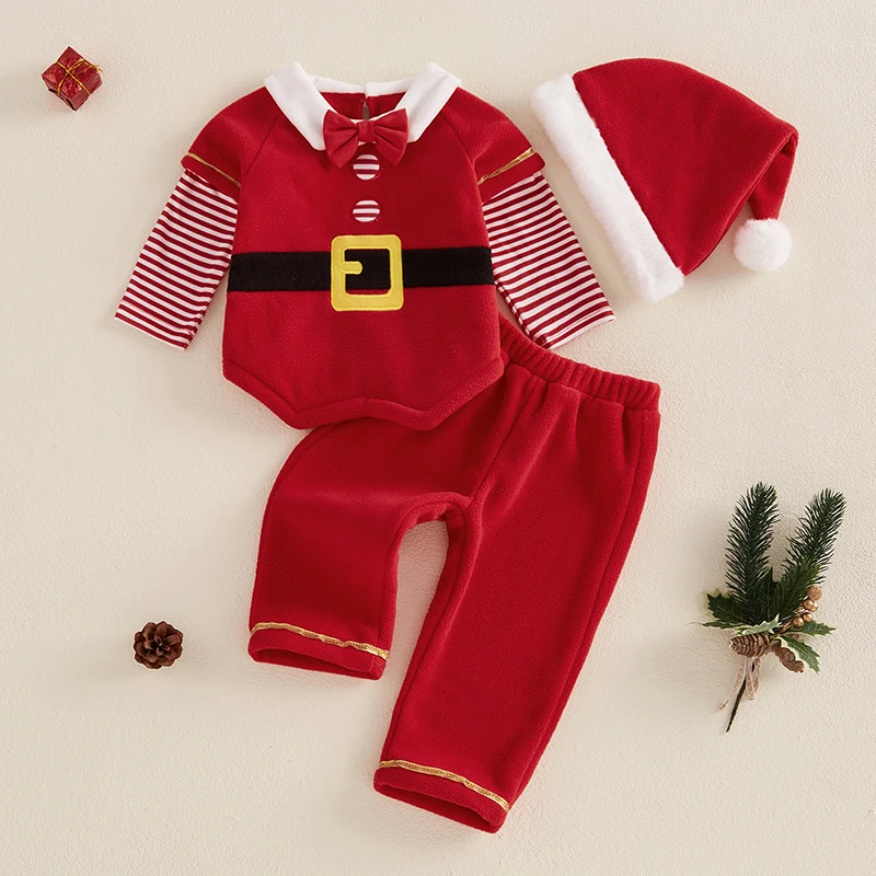 Baby Boys Girl Santa Claus Outfit Fleece Striped Doll Collar Long Sleeve Tops Elastic Waist Pants Hat Kids Christmas Clothes