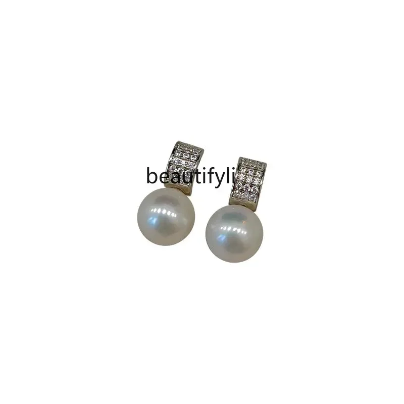 

yj Exquisite and Unique S925 Sterling Silver Natural Pearl Ear Studs Diamond All-Match Simple Earrings