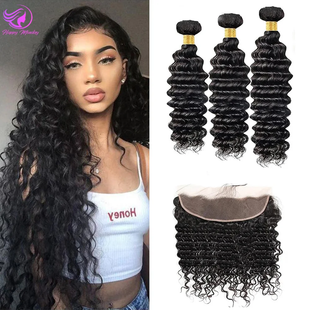 Deep Wave Hair Bundles Water Wave with Closure  Weaving Hair Extensions for Full Head Heat Resistant Deep Curly Hair 1B Black