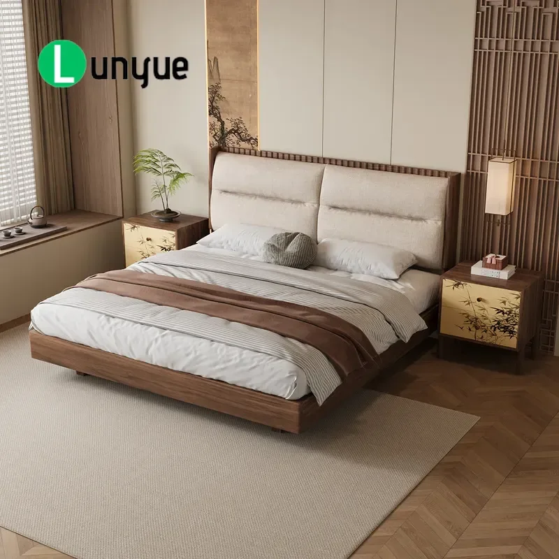 Modern Black Walnut Bed 1.8m 1.5m Queen Size Cotton Linen Upholstered Soft Bag Master Bedroom Furniture 2026 New Aesthetic