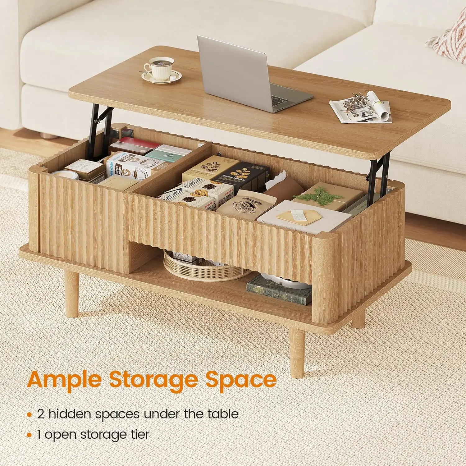 طاولة قهوة مخددة مجمعة بالكامل، سطح رفع، طاولة مركزية خشبية، طاولة قهوة حديثة مع حجرة مخفية ورف مفتوح، f #4