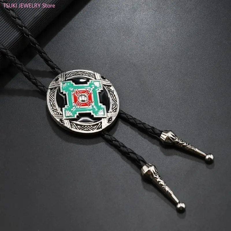 62KE Leather Cord Bolo Tie Necktie with Enamel Metal Badge Pendant for Rodeos Outfit