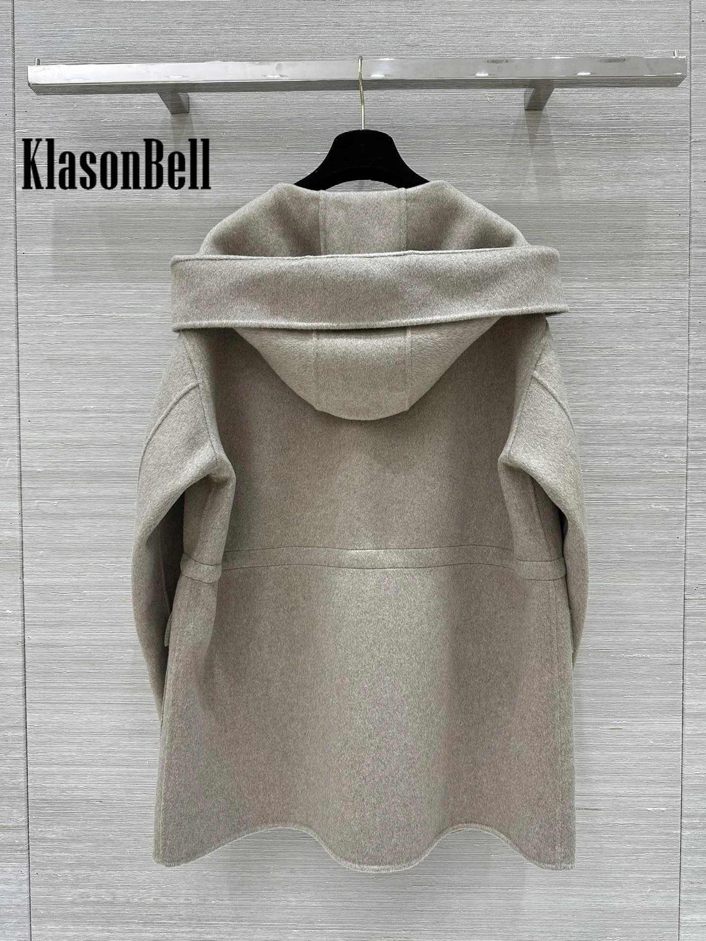 9.2 KlasonBell Women\'s Hooded Adjustable Drawstring Waist Double-Side Wool Coat Vintage Fashion Big Pocket Zipper Outerwear