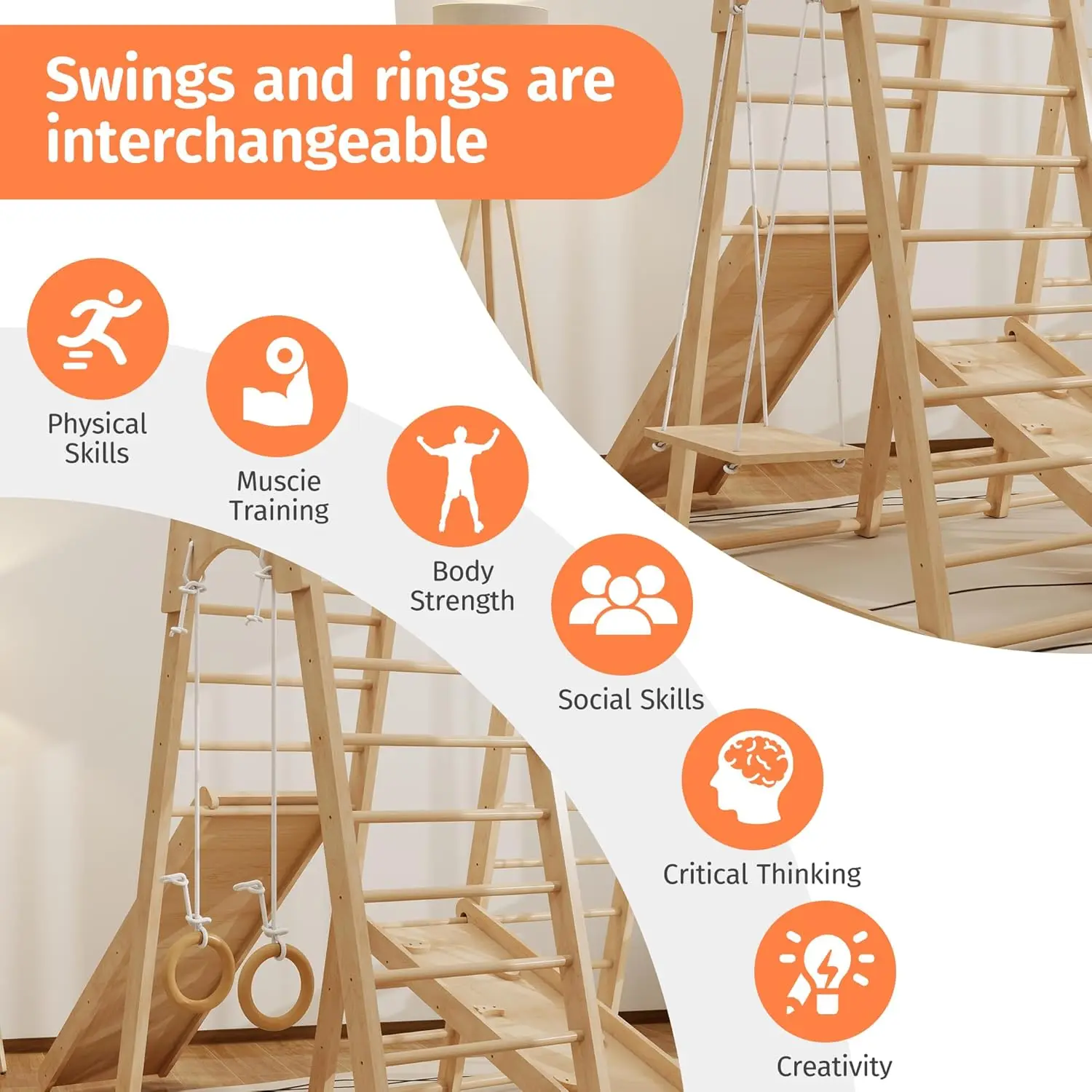 Ginásio interno da selva, brinquedos de escalada montessori, conjunto de playground interno da criança 8 em 1 com balanço, braçadeira, parede de escalada, corrediça, m