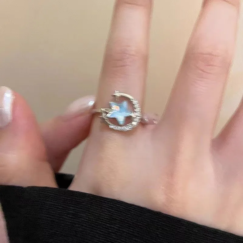Anillo ajustable con forma de estrella y Luna celestial, bonito anillo de estrella azul con circonita cúbica para mujer, joyería de galaxia, regalos, accesorios elegantes