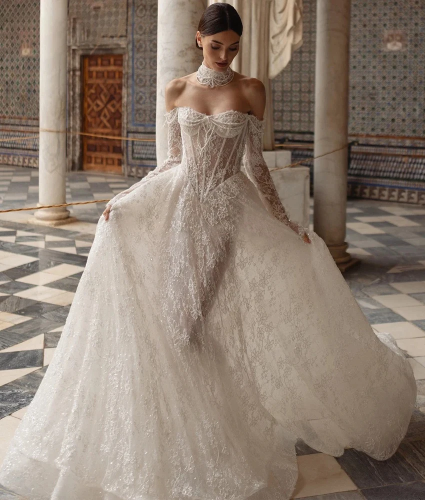 

Customized Exquisite Lace A-Line Off the Shoulder Beading Pearls Evening Dress Sexy Sweetheart Long Sleeves Celebrity Gowns