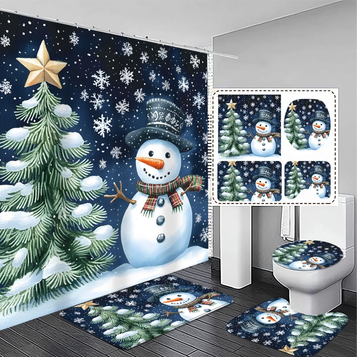 4pc 2D Flat Snowman Christmas Bathroom Set, Blue & White Festive Pattern, Matching Mats & Toilet Cover, Home Decor Gift
