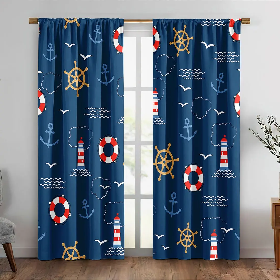 Decorative Nautical Curtains Ocean Beach Home Decor Marine Style Anchor Lighthouse Window Curtain Pair Gift for Bedroom Living R
