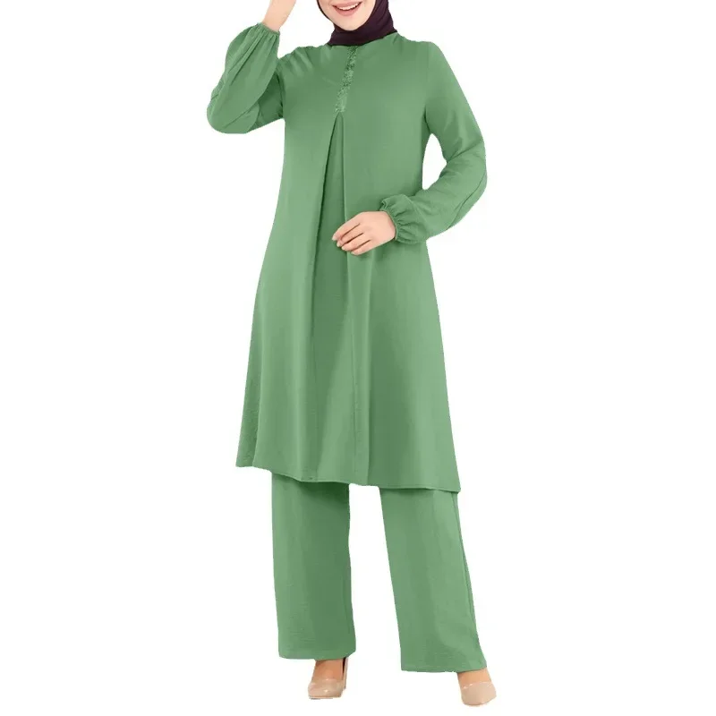 Fashion Solid Muslim Set Elegant Long-sleeved Shirt and Loose Wide-leg Pant Two Pieces Set Soft Muslim Dress Slim Dubai Abayas