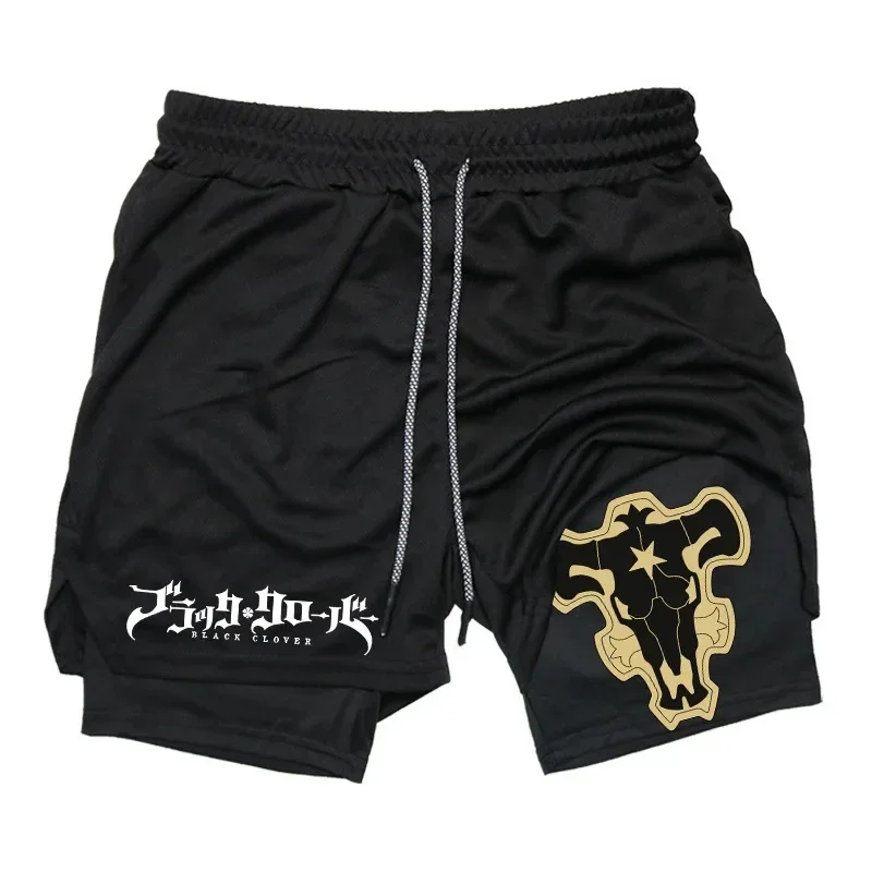 Verão novo preto trevo de cinco folhas impresso shorts masculinos e femininos dupla camada solta esportes e calças casuais para praia fitness