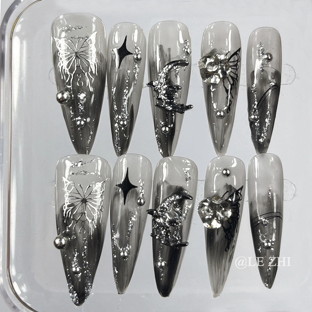 Metallic Butterfly Diamond Moon Pressing on Nails Art Chinese Wash Painting Style Stiletto Heels Transparent Black Manicure Gift