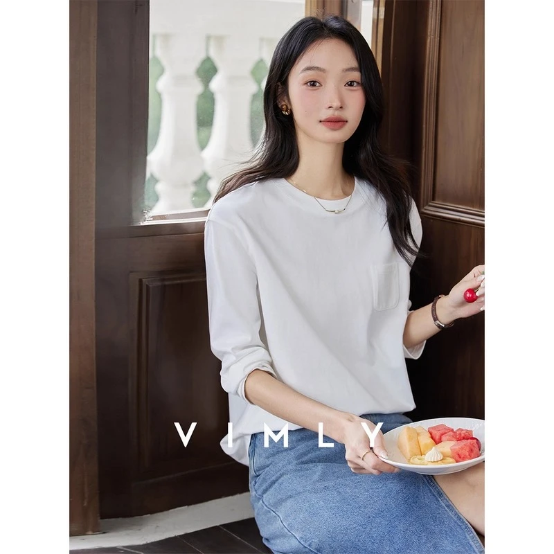 

VIMLY Long Sleeve Knitted T-shirt Autumn 2025 Woman Casual Round Neck Loose Female Tops Solid Pockets Elegant Ladies Tees A2205