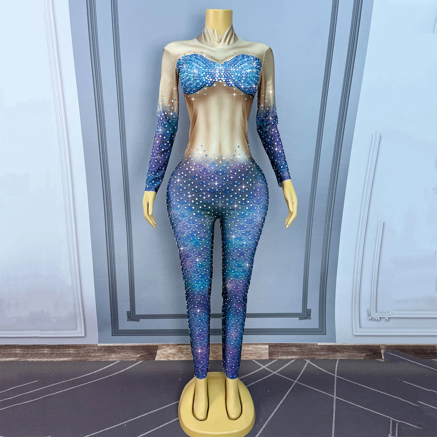 

Fish scale print luxurious sparkling rhinestone gradient jumpsuit dance Halloween mermaid performance costume Party jumpsuit