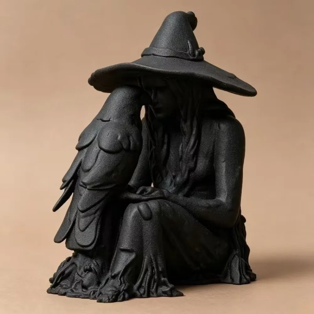 Personality 3D Printed Witch Sculpture Desk Ornaments Gothic Style Halloween Decoration Figurine Witch Crow Statue Tabletop