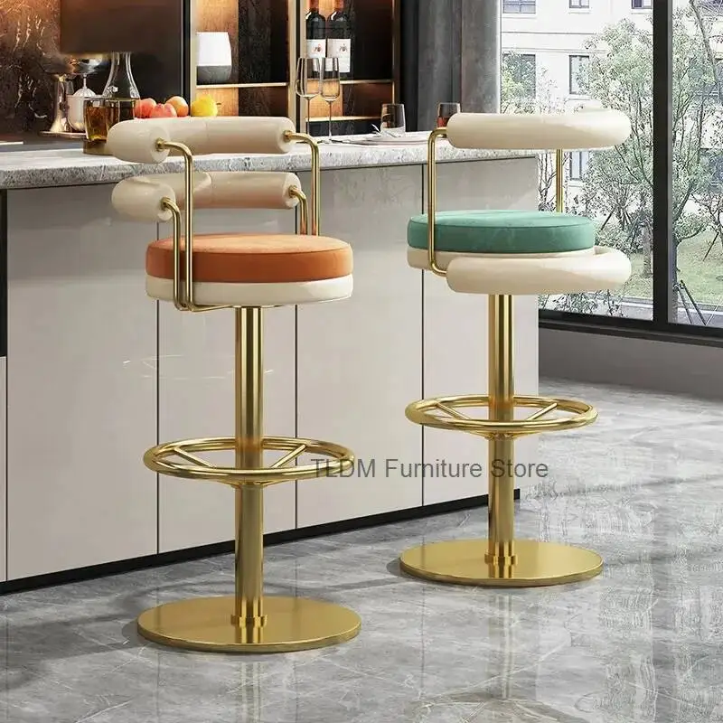 Light luxury high-quality sense of stainless steel bar stools Home high stools with backrest swivel chair front desk stools