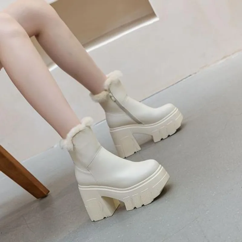 

2025 Women Ankle Boots Square High Heel Lace Up Round Head Women Platform Black Winter Ladies Motorcycle Boots Size 34-40