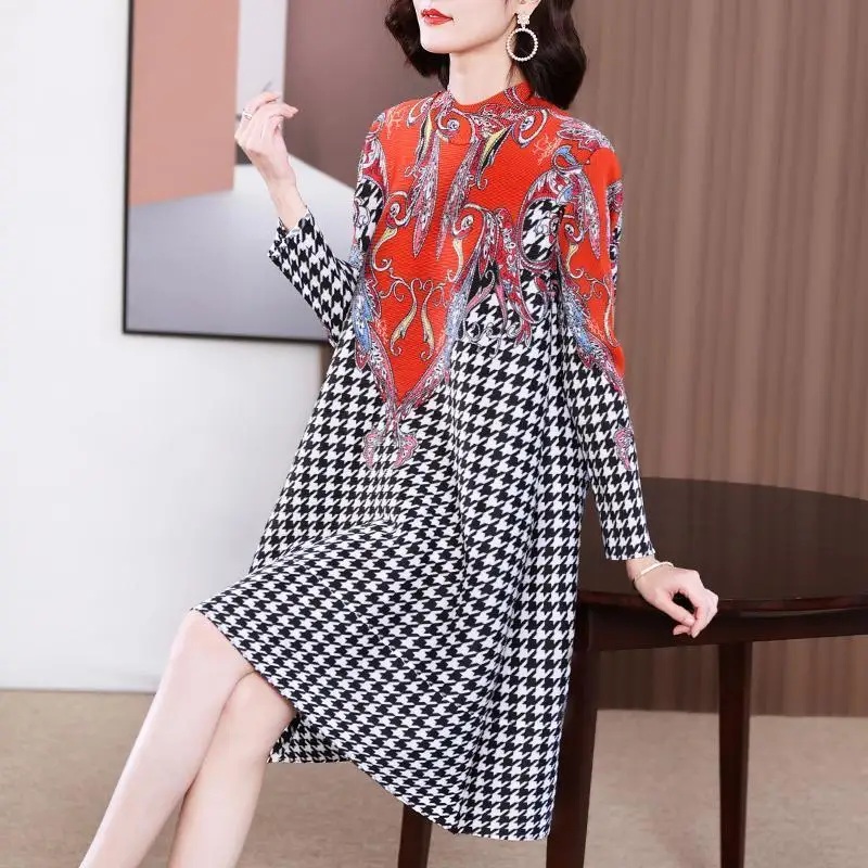 

Folded retro new thousand bird grid printing loose temperament semi-high neck long sleeve 2026 spring ethnic style dress