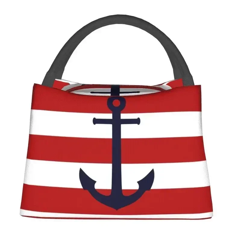 Nautical Navy Blue Anchor On Red Stripes Portable Lunch Box Leakproof Sailing Sailor Thermal Cooler Food Insulated  Bag