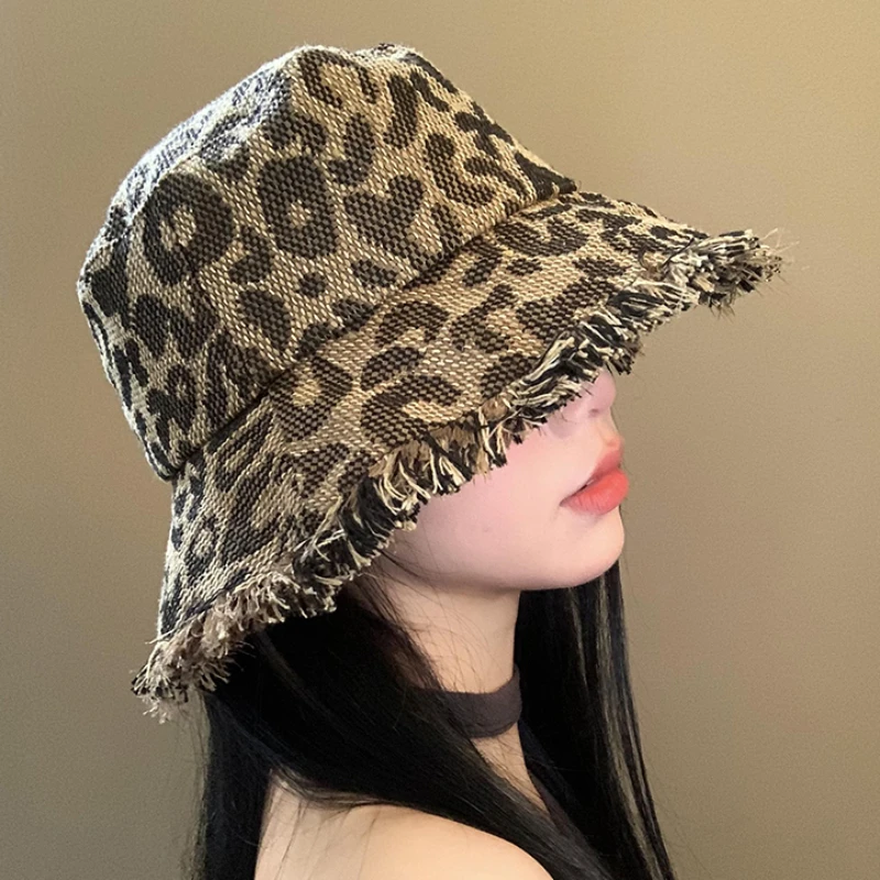 American Retro Leopard Print Burrs Bucket Hats Women Summer Versatile Big Brim Fashion Sunscreen Niche Basin Caps for Men