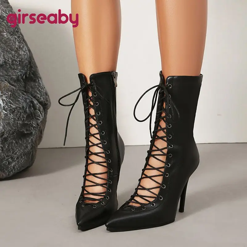 Girseaby New Sexy Women's Mid-Calf Boots Pointed Toe Stiletto Heels 11cm Zipper Lace-Up Size Fashion Dating Party Summer Sale