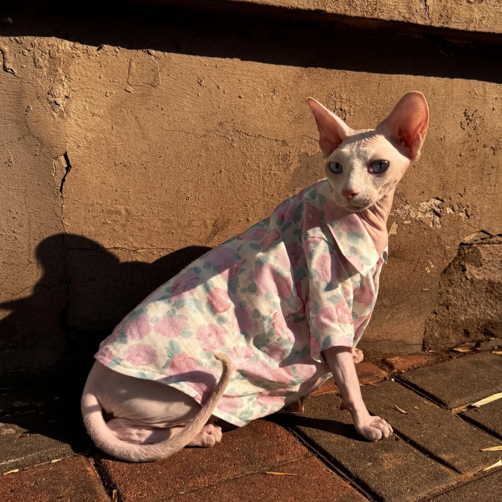 Pink Rose Shirt for Sphynx Cat Soft Loose-fit Blouse For Kittens Summer Breathable thin Over Size Coat for Devon Rex Cat Supply