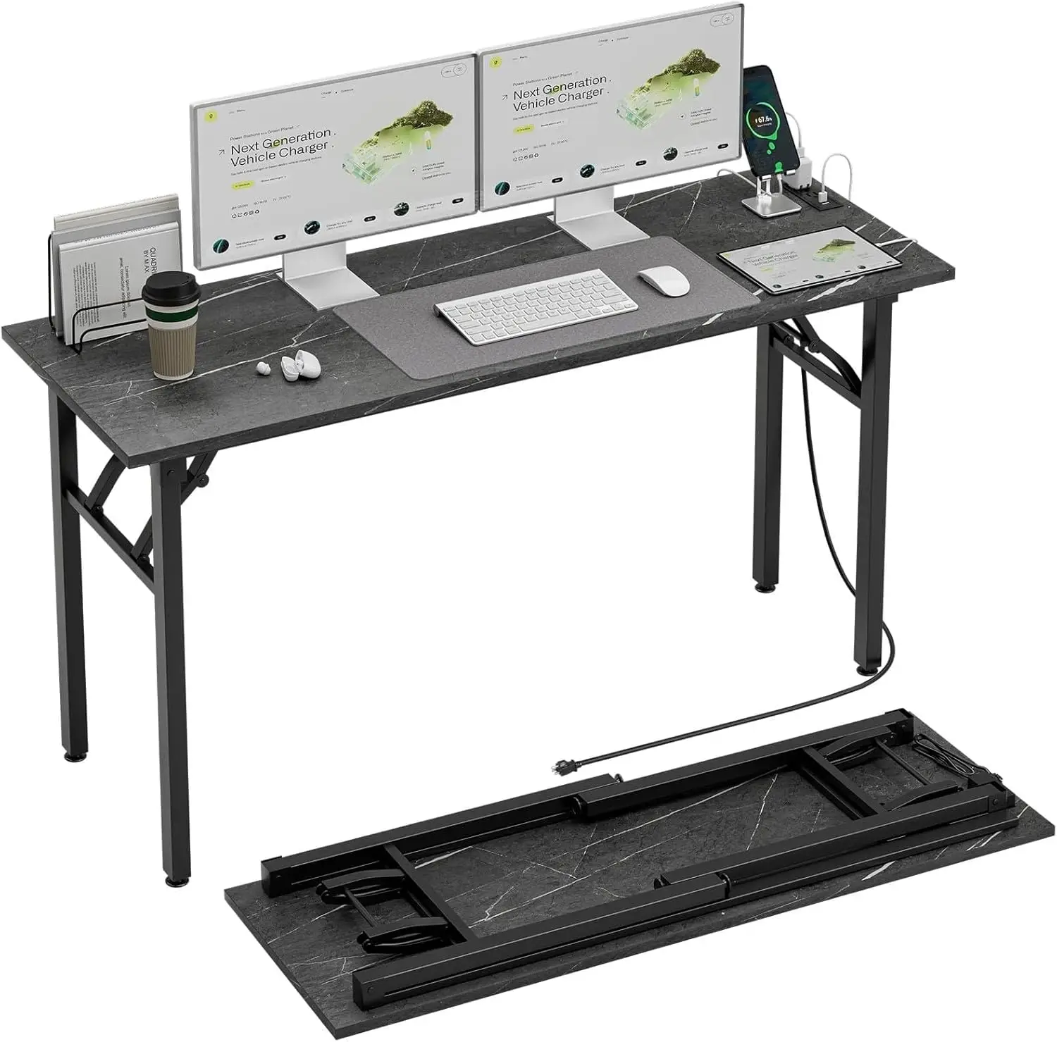 Compact Foldable Computer Desk with Power Outlets