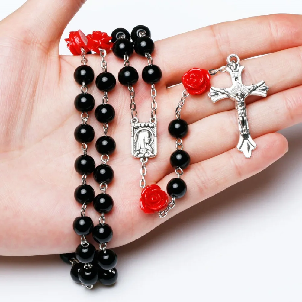 6MM Catholic Glass Beads Rosary Necklace For Women Red Rose Long Chain Crucifix Cross INRI Pendant Men Religious Prayer Jewelry