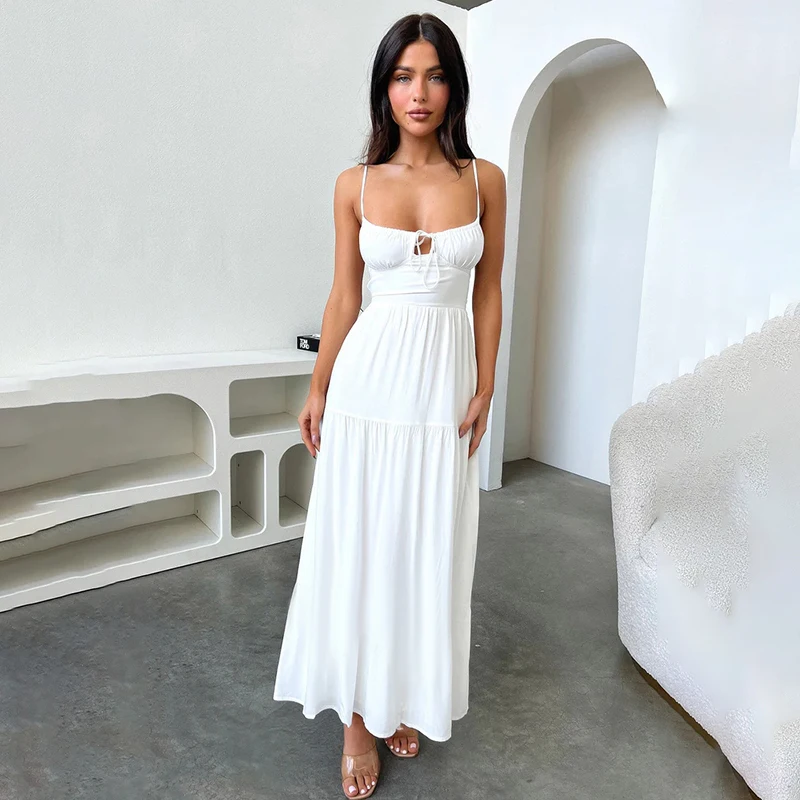 European and American style halter halter A place holiday dress 2024 Spring Summer Lace-up Temperament Waist full Skirt