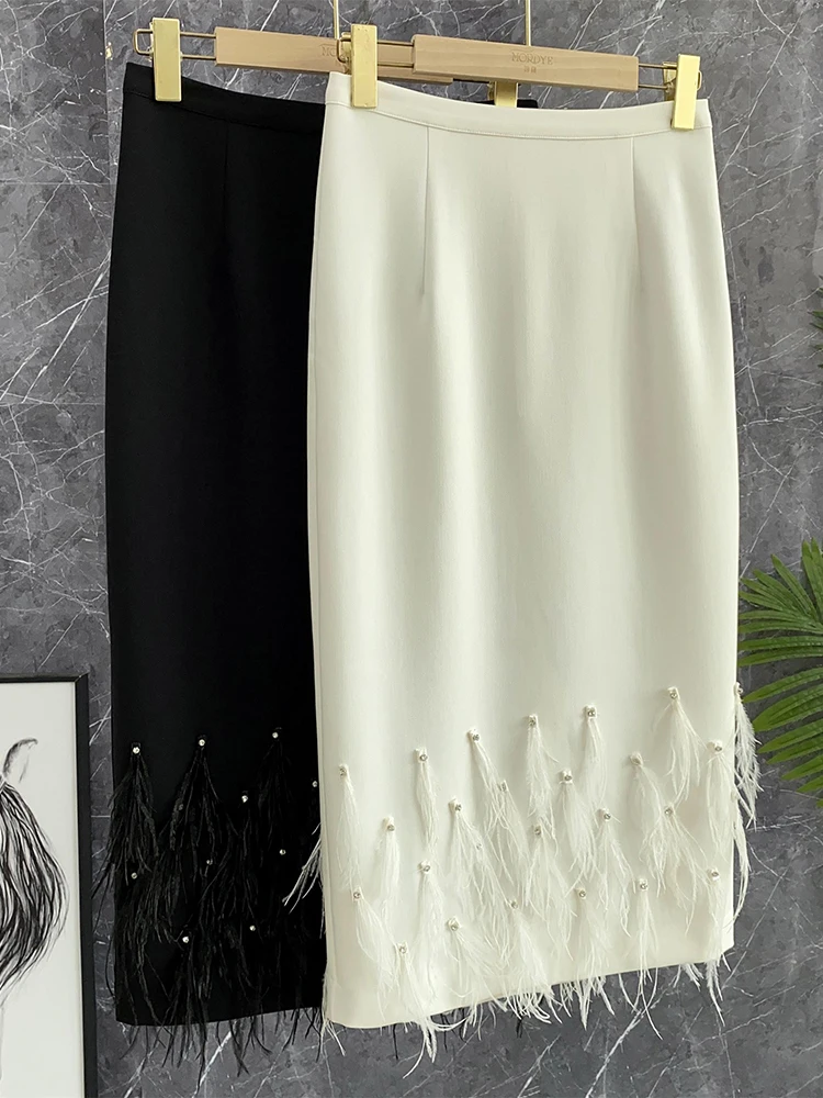 

Белая юбка миди с высокой талией, в стиле National Cabinet 2K Rich Girl, с бахромой из страусиных перьев, А-силуэт, расшитая бисером