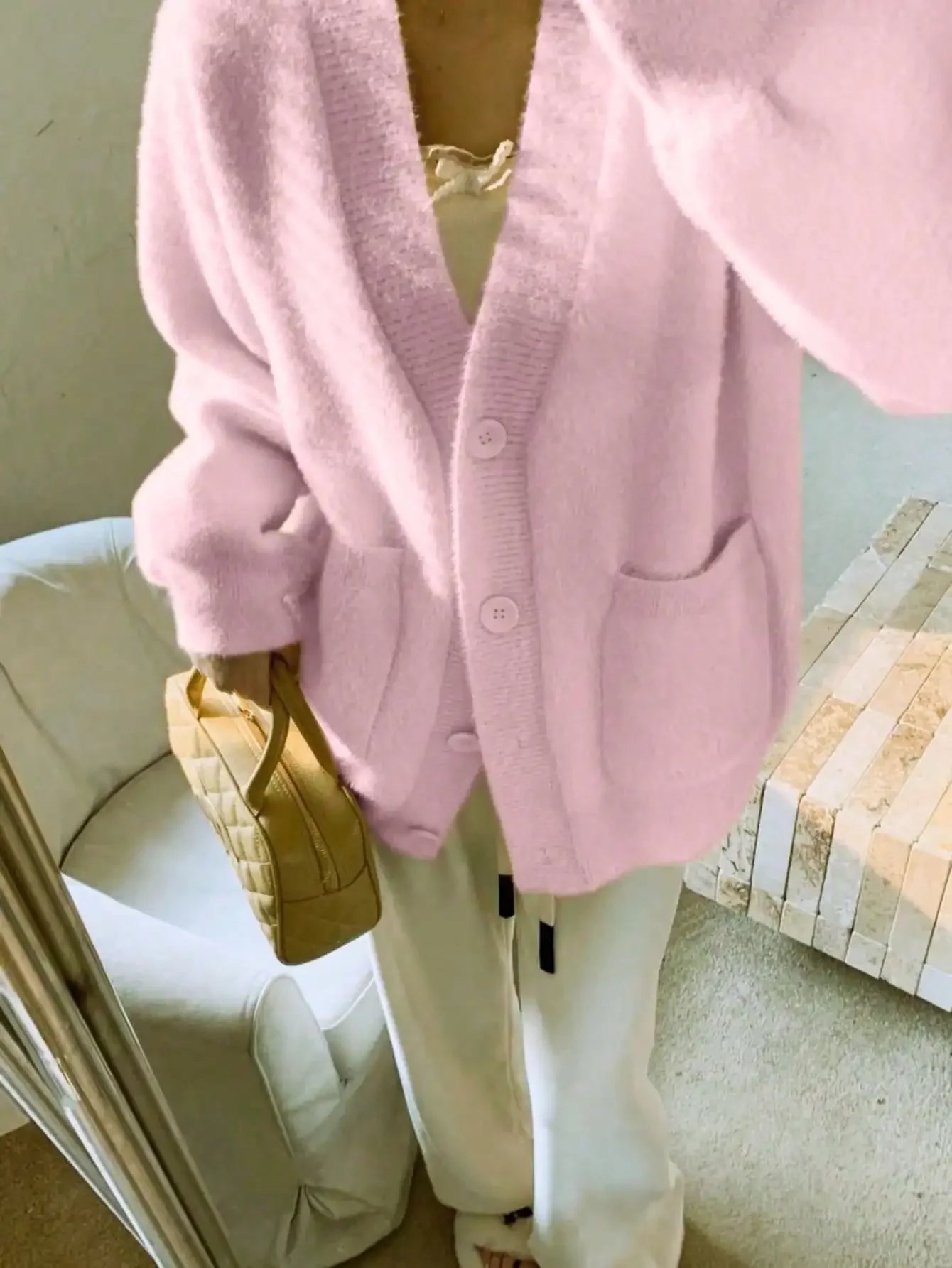 Womens V Neck Faux Mink Knit Cardigan Princesscore Girly Aesthetic Long Sleeve Plush Fuzzy Sweater Coat Solid Pastel Baby Bubblegum Pink Dual Front Patch Pockets Tonal Buttons Drop Shoulder Slouchy Silhouette For Fall Winter Casual Outfits Christmas Gift