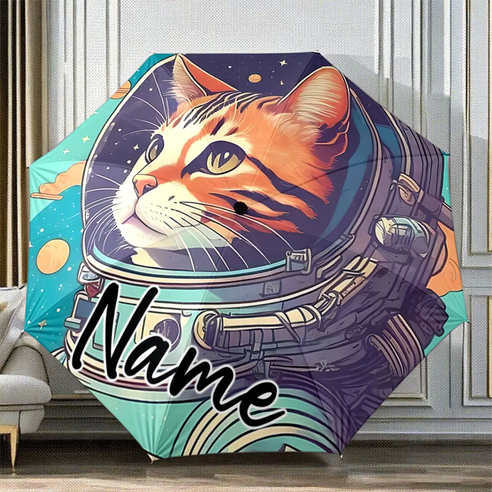 Custom Name Umbrella Astronaut Cat in Space with Planets and Stars 8 Iron Ribs Folding Umbrella Auto-Open Fashion Sunshade