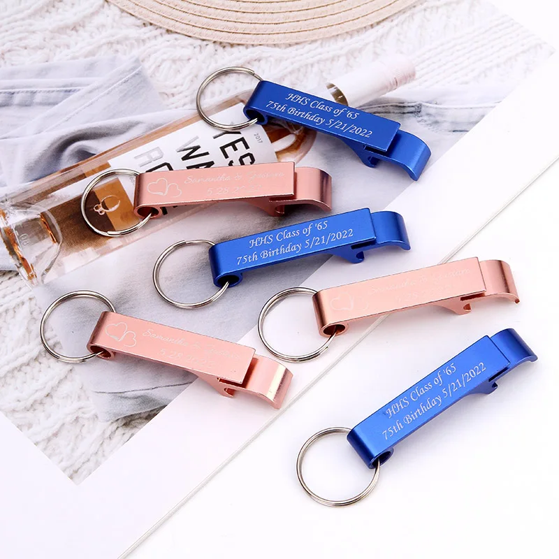 50pcs Aluminum Alloy Multicolor Beverage Beer Bottle Opener Wedding Favors Party For Guests Promotion Gifts Customized Keychains