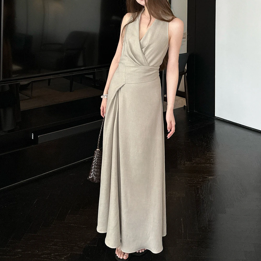 

Korean new 2026 fashion one-piece waist dress French temperament v-neck slim sleeveless long dress women's summer