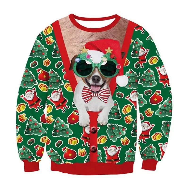 Christmas Men Ugly Sweaters Green Jumpers 3D Funny Printed Holiday Party Xmas Sweatshirt for Party Birthday Xmas Sweatshirt