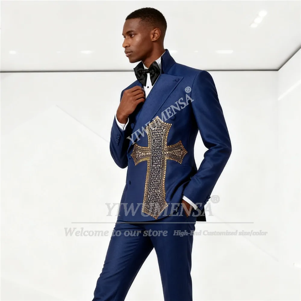 

Luxury Beaded Stones Wedding Suits For Men Double Breasted Jacket Pants 2 Pieces Sets Costume Homme Customized Groom Tuxedos