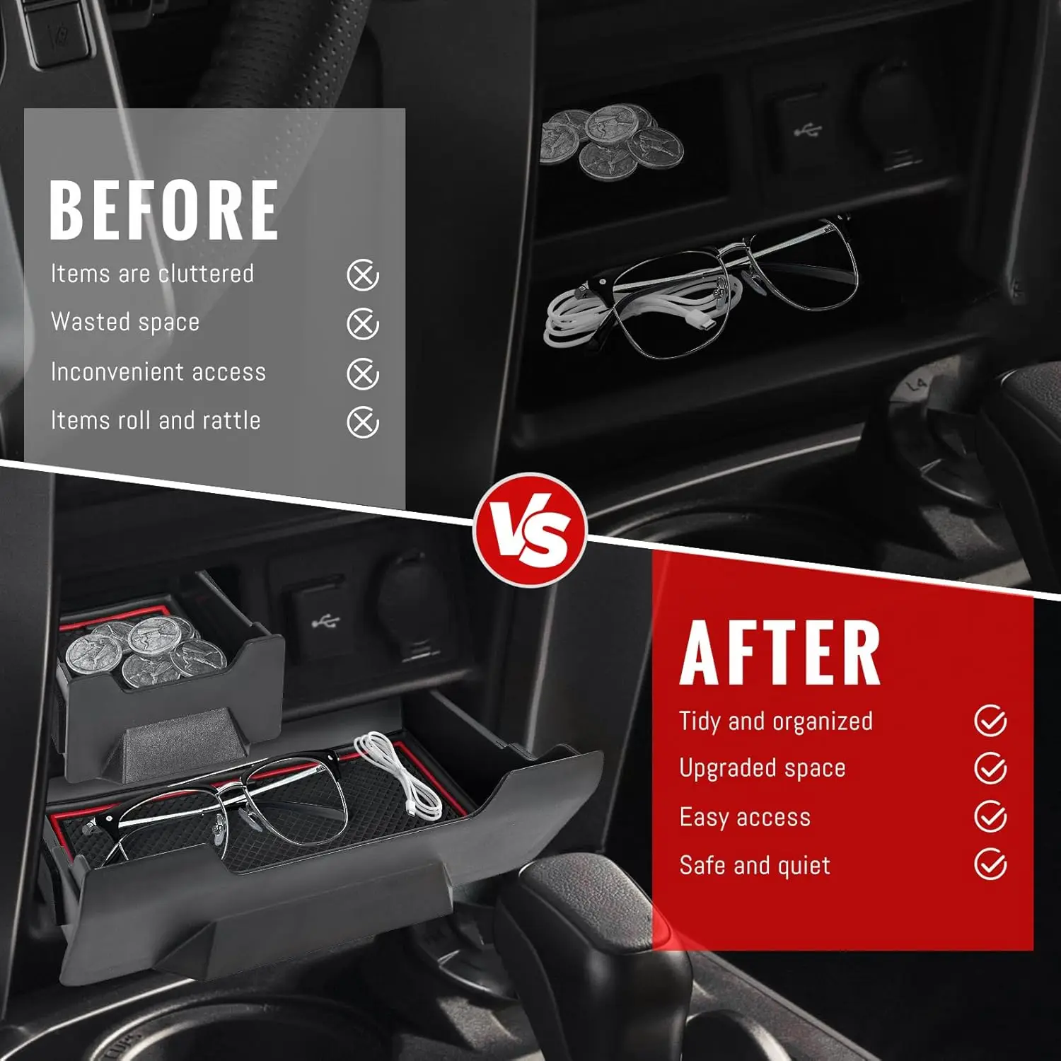 ชุดลิ้นชักเก็บของคอนโซล-2ชิ้น ใช้ได้กับอุปกรณ์เสริมรถยนต์โตโยต้า 4Runner ปี 2014-2024 พร้อมแผ่นกันลื่น อุปกรณ์ตกแต่งภายใน