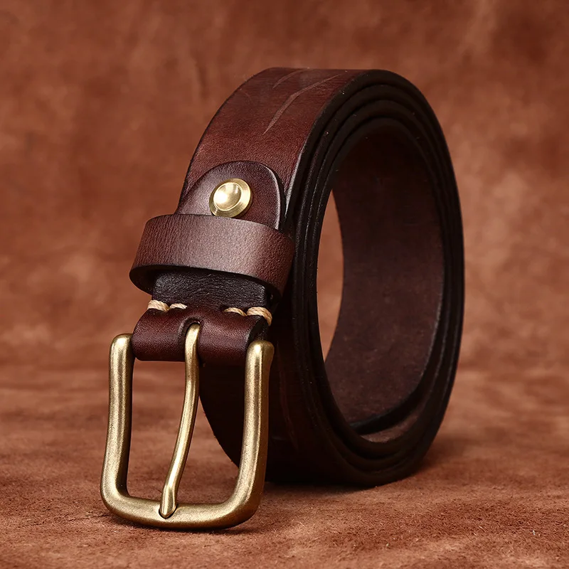 

3.3CM Genuine Leather Belt Men Retro Handmade Knife Marks Design Brass Buckle Jeans Cowskin Casual Belts Cowboy Waistband Male